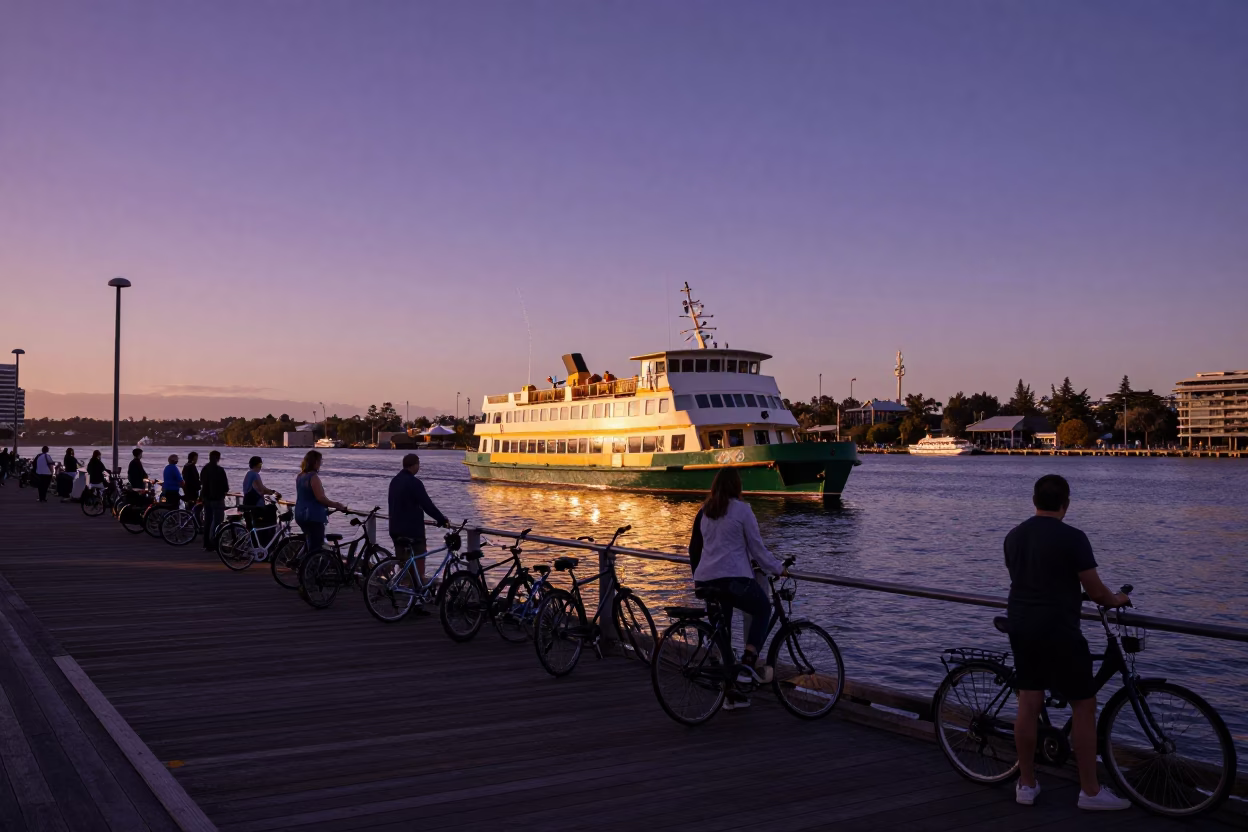 Golden Hour Ferry Scene in Perth Western Australia with Bicycles and Passengers at Dock in in Perth, Western Australia, Australia