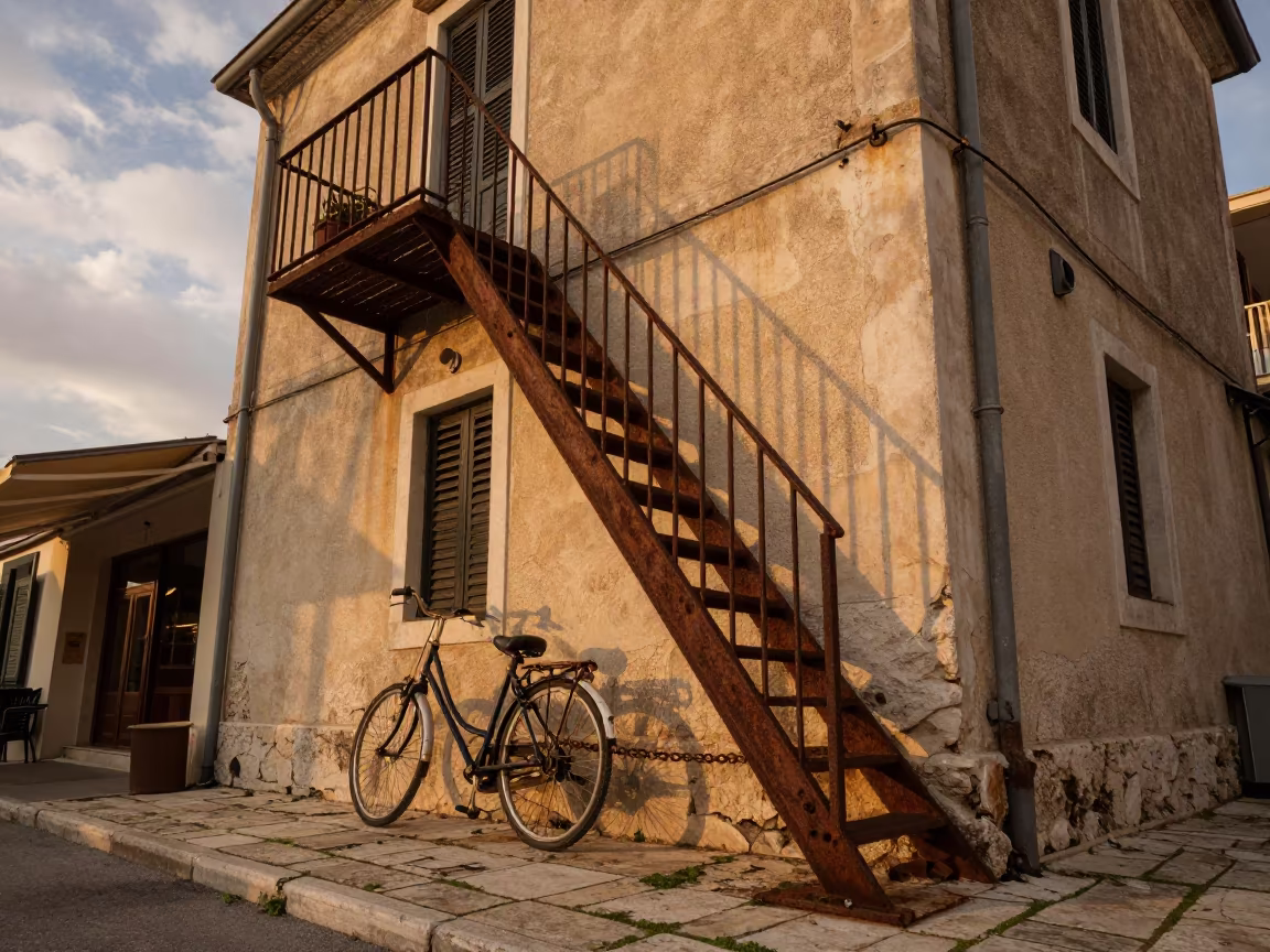 Golden Hour Fire Escape Corfu Alley in outside a corner cafe in Corfu