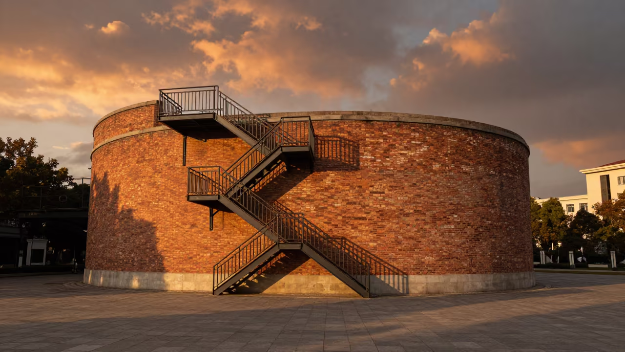 Golden Hour Fire Escape Hefei Brick Wall in across a formal civic plaza in Hefei