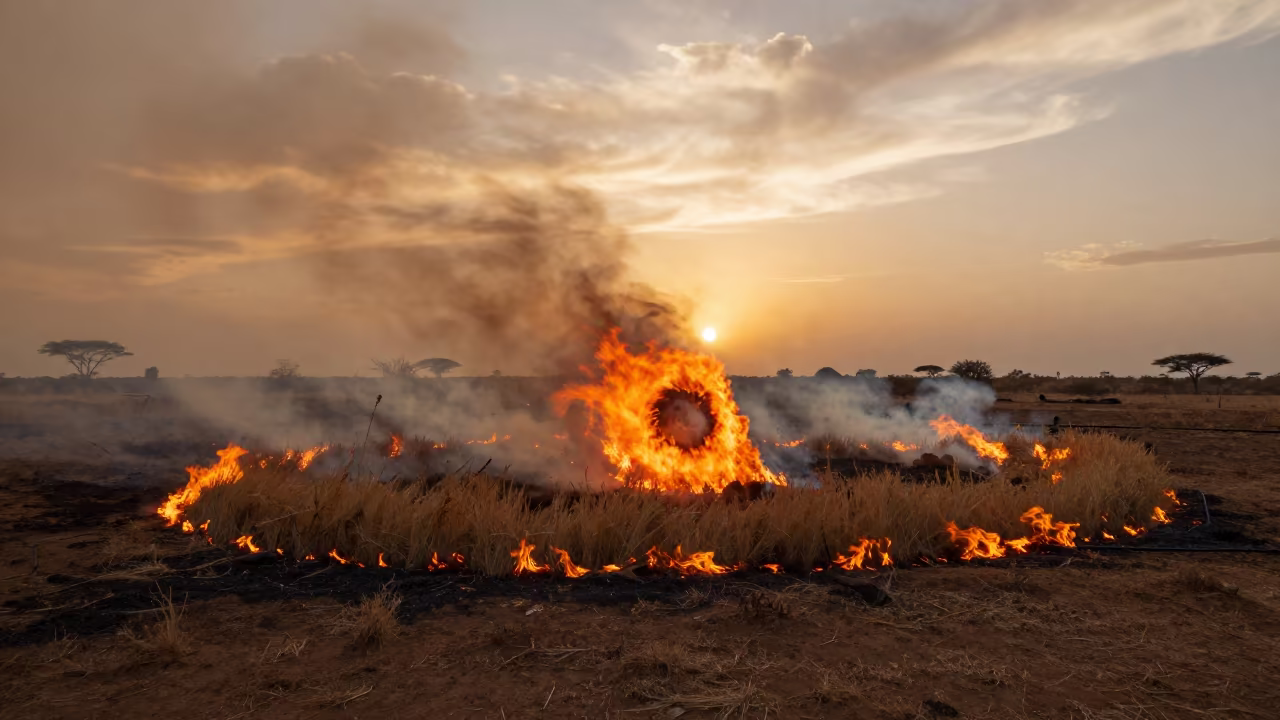Golden Hour Fire Whirl Somalia Grassland in beneath fast-moving cloud bands in Somalia