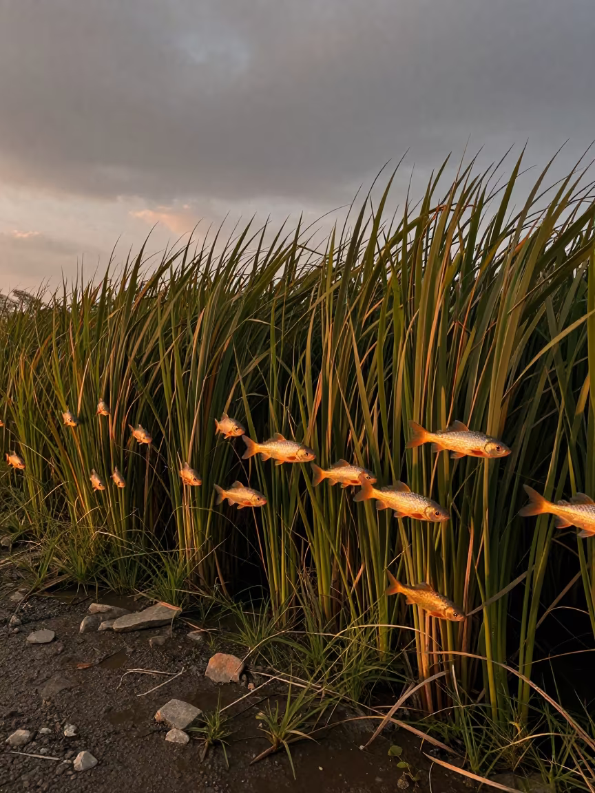 Golden Hour Fish School Over Kashmir Reed Bed in at the edge of a reed bed in Kashmir