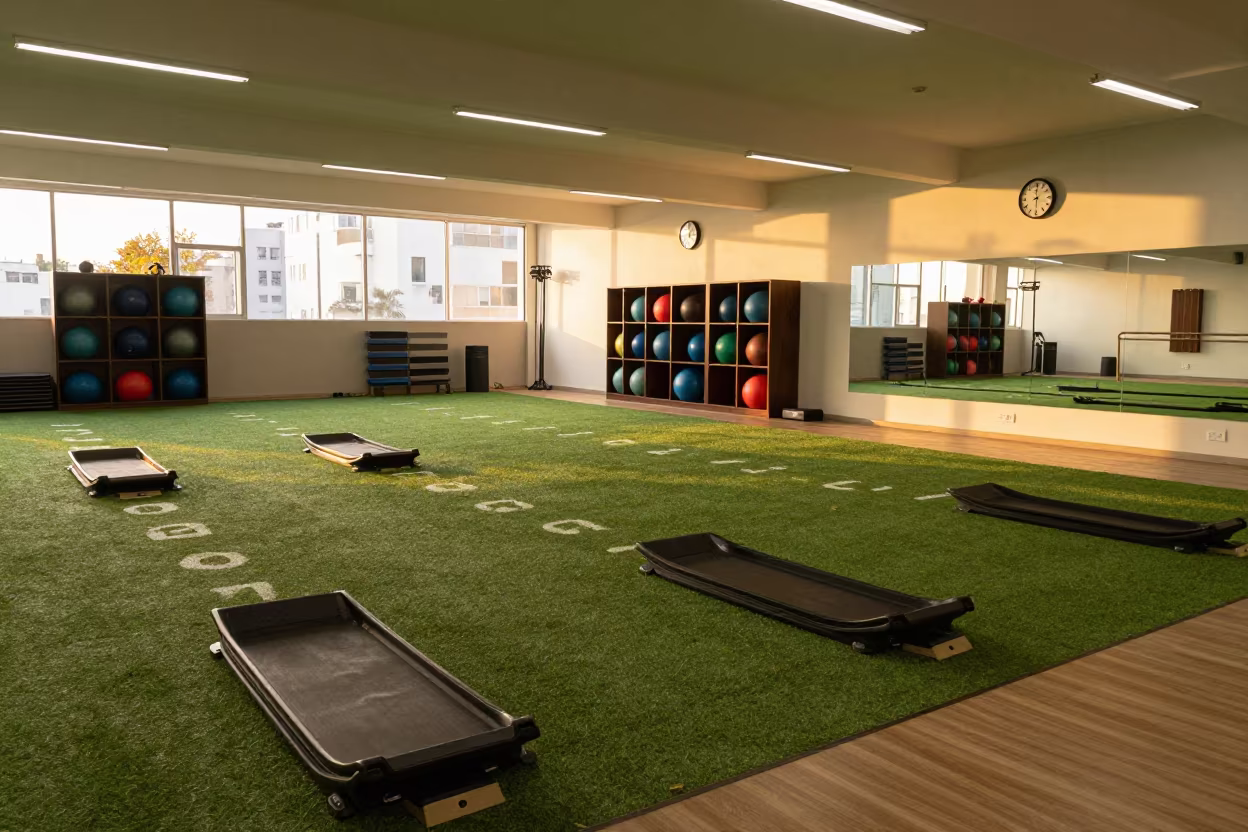 Golden Hour Fitness Studio São Paulo Sled Lanes in inside a yoga studio before the session begins in São Paulo