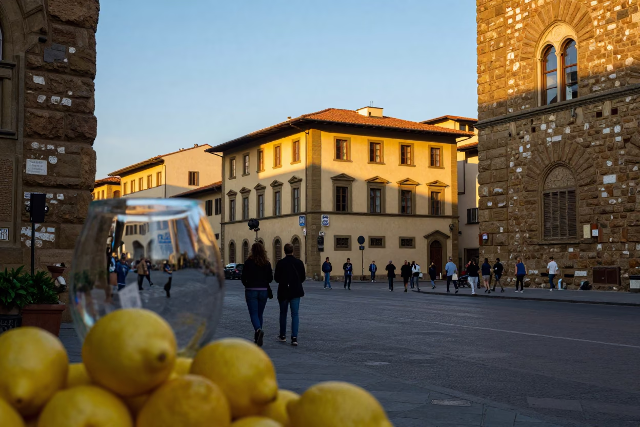Golden Hour Florence Street Scene with Faceted Glass and Lemons in in Florence, Italy