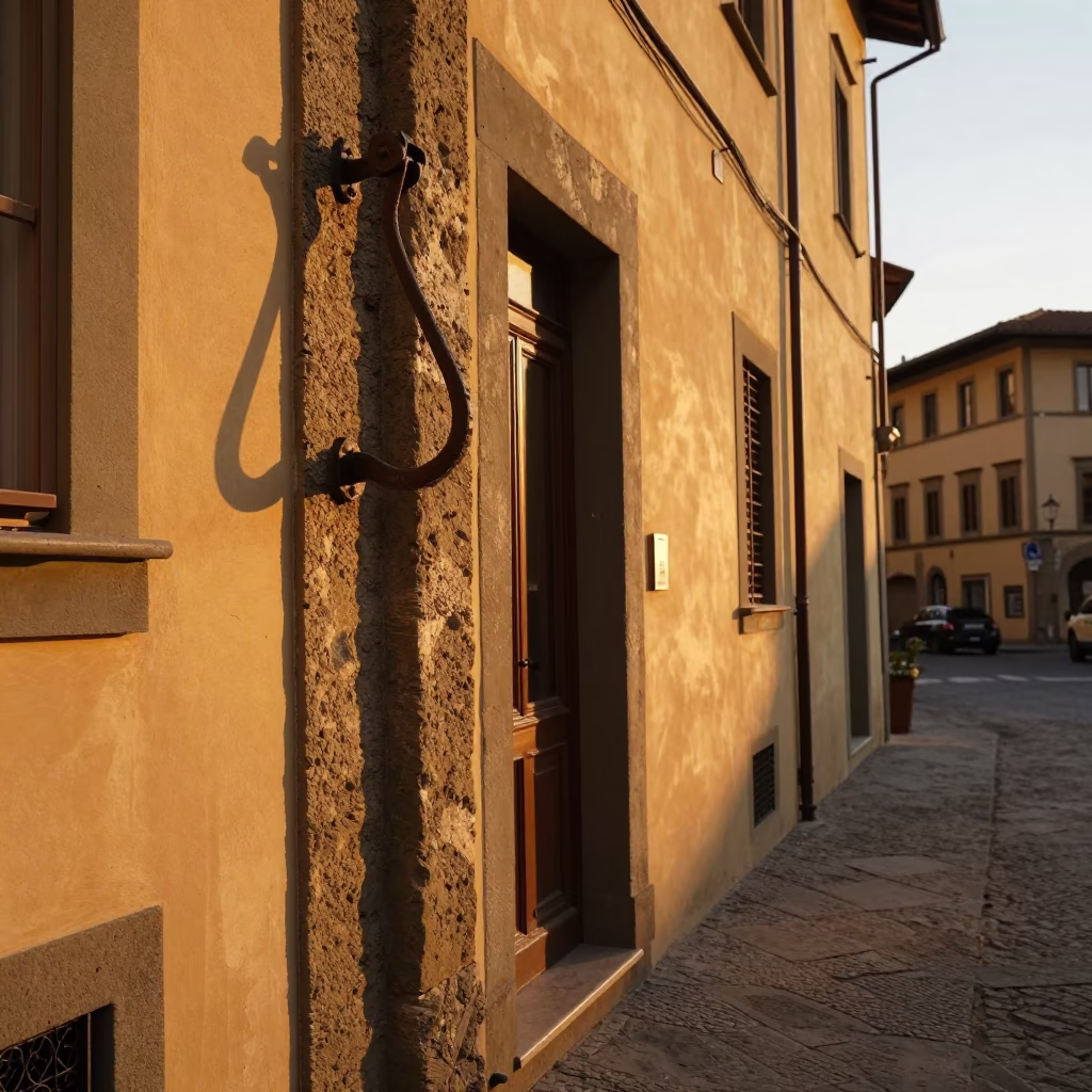 Golden Hour Florence Street Scene with Iron Hook and Cherry Tree in in Florence, Italy