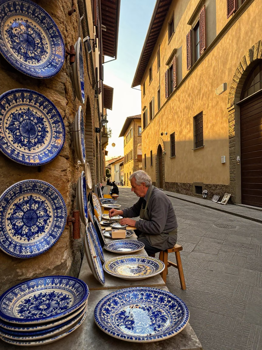 Golden Hour Florence Street Scene with Majolica Plates and Rusty Hinge Details in in Florence, Italy