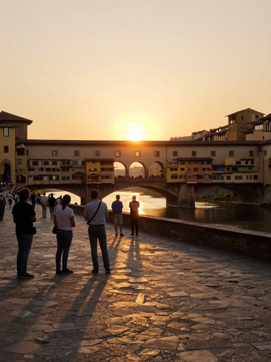 Golden Hour Florence Street Scene with Tourists and Historic Architecture in in Florence, Italy