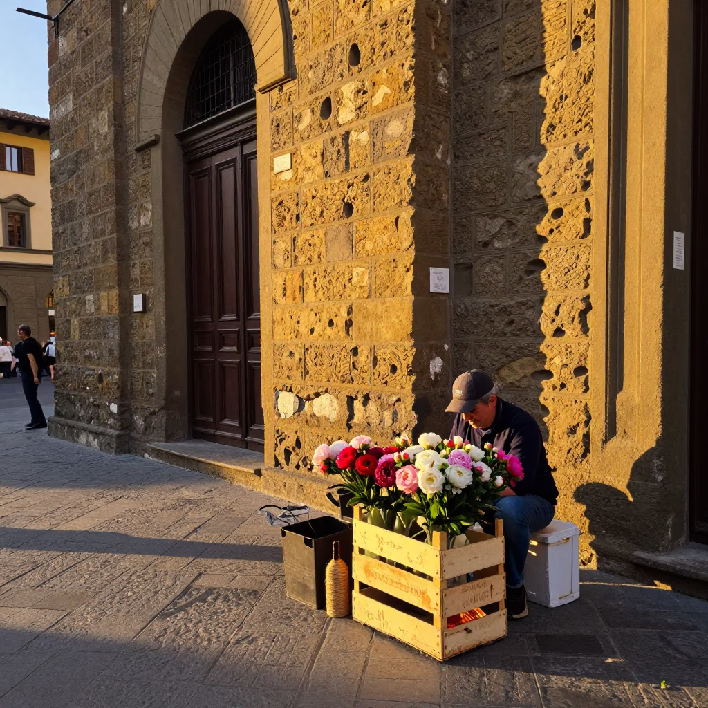 Golden Hour Florence Street Scene with Vendor and Twine Wrapped Bottle in in Florence, Italy