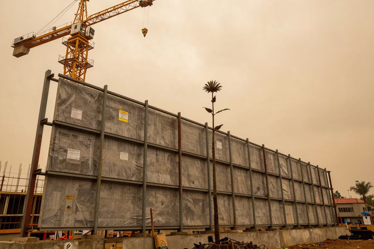 Golden Hour Flower Tower Amidst Construction Braces in beneath a tower crane on open ground in Bamako