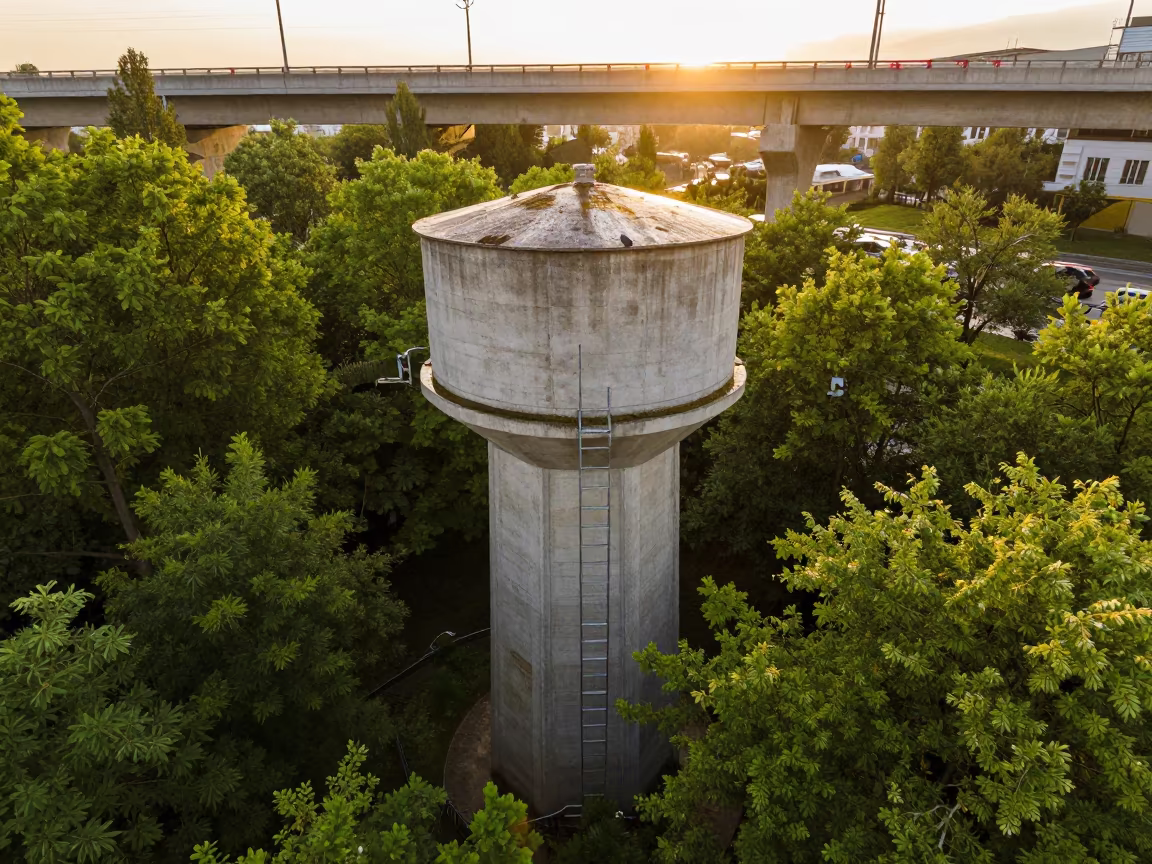 Golden Hour Flyover Lattice and Water Tower Ladder Tirana in beside a water tower ladder in Tirana