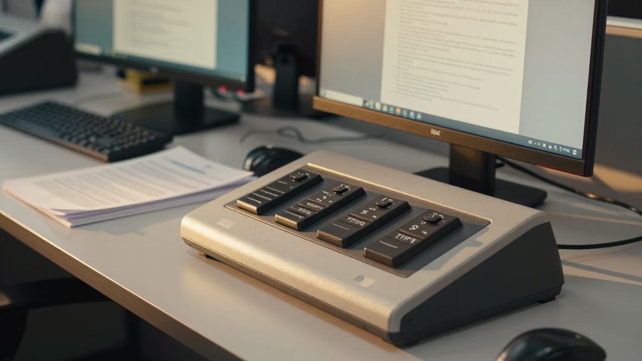 Golden Hour Foot Pedal Station in Kaunas Operations Center in in an operations center under monitor glow near Kaunas