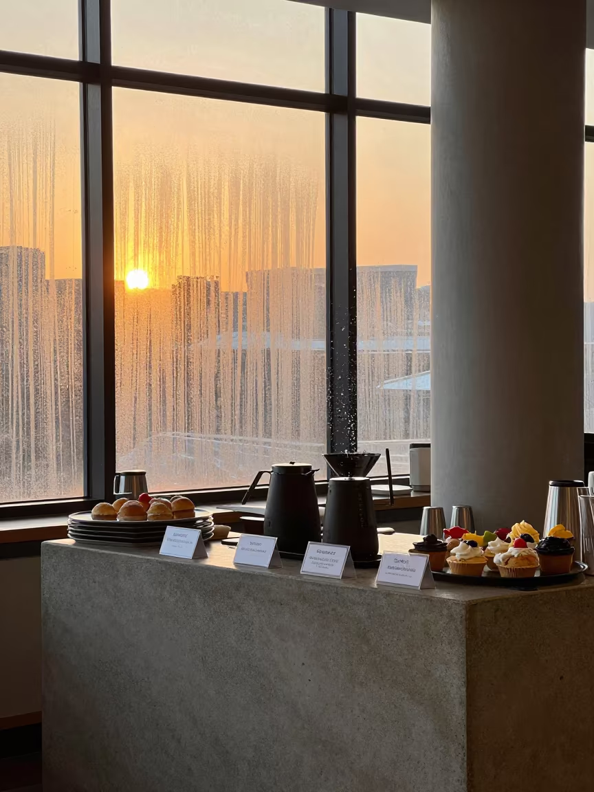Golden Hour Foyer Coffee Station with Frozen Water Splash in inside a coworking floor near Newtown, Johannesburg