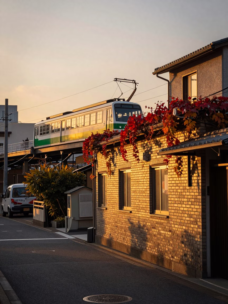 Golden Hour Fukuoka Street Scene with Funicular and Autumn Vines in in Fukuoka, Japan