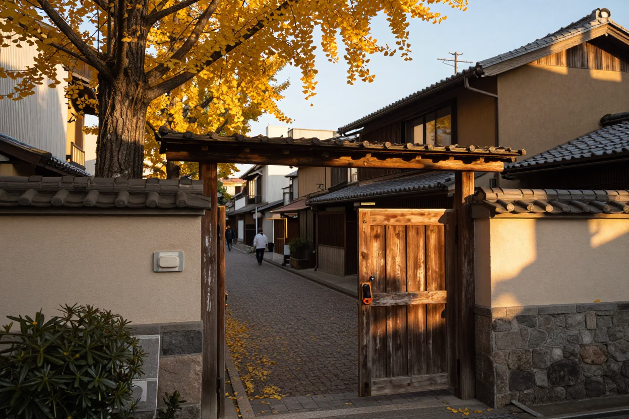 Golden Hour Fukuoka Street Scene with Ginkgo Leaves and Traditional Gate in in Fukuoka, Japan