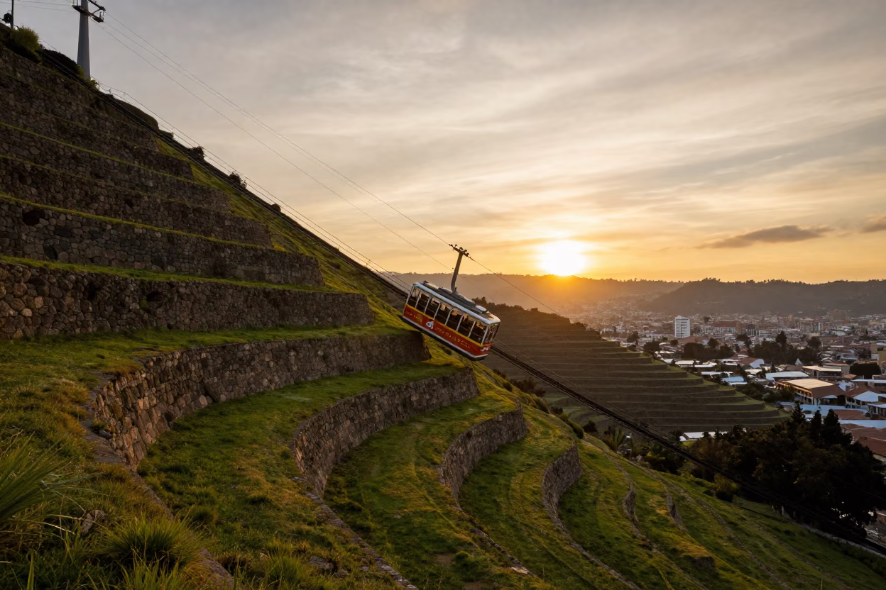 Golden Hour Funicular Ascending Over Quito Ecuador Terraced Hillsides in in Quito, Ecuador