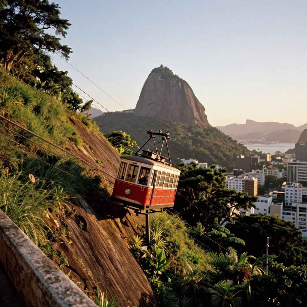 Golden Hour Funicular Climbing Steep Hill in Rio de Janeiro Brazil in in Rio de Janeiro, Brazil