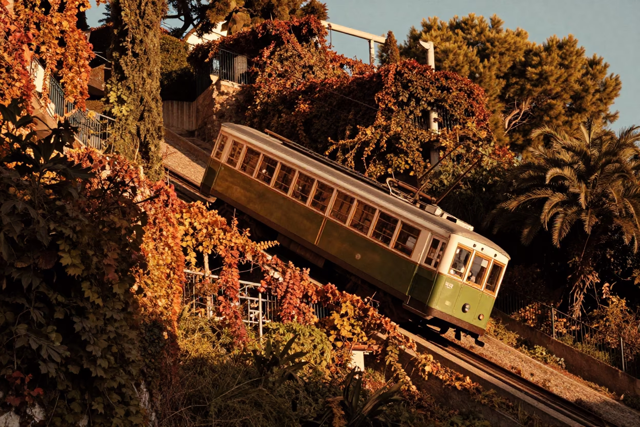 Golden Hour Funicular Railway Ascending Barcelona Hillside Covered in Autumn Vines in in Barcelona, Spain