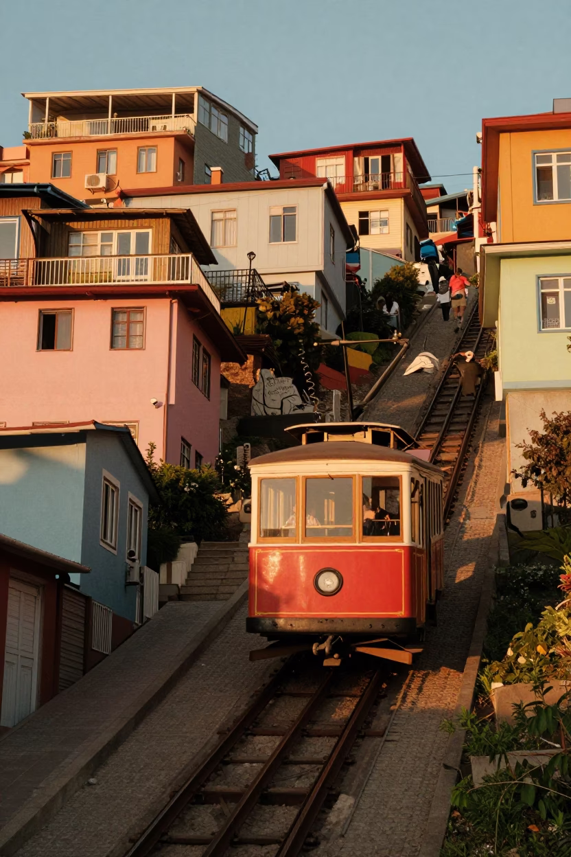 Golden Hour Funicular Ride in Valparaiso Chile with Local Street Scene in in Valparaiso, Chile