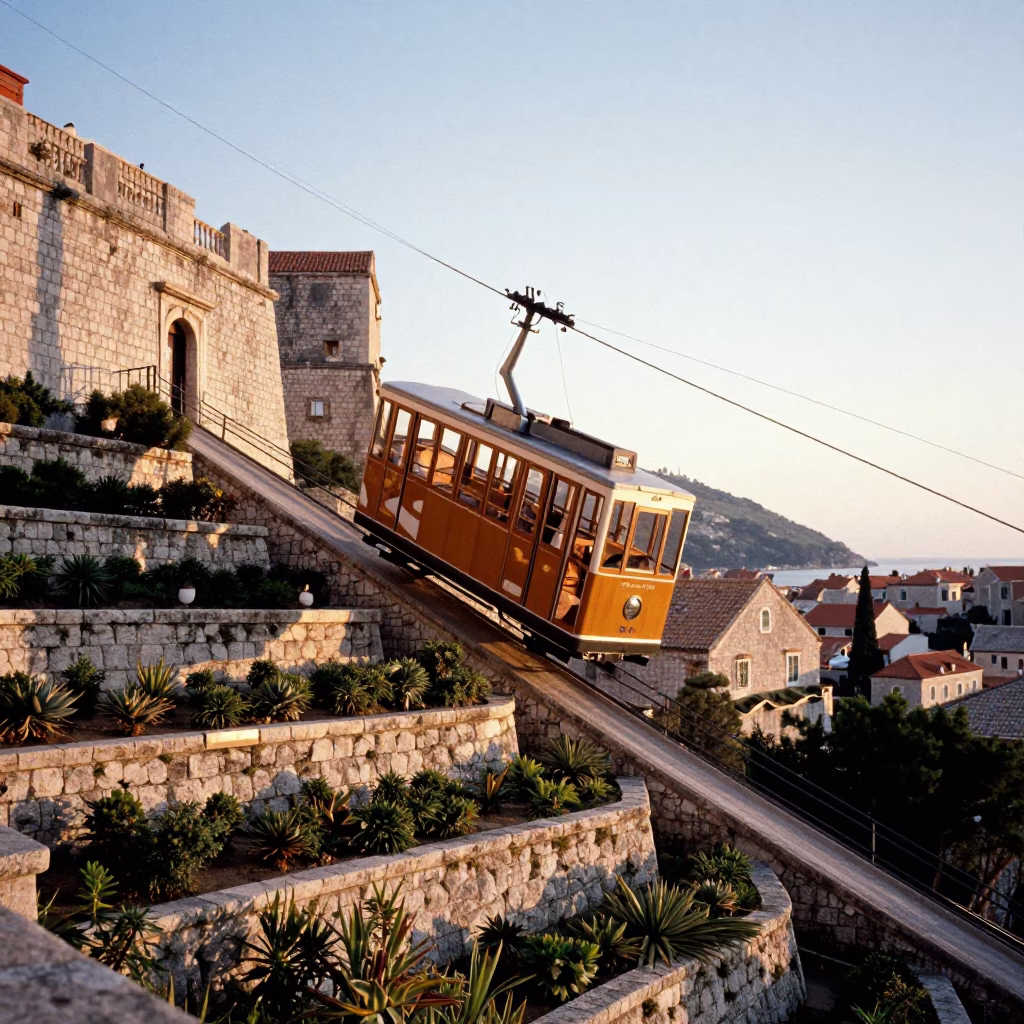 Golden Hour Funicular Ride Through Terraced Gardens in Historic Dubrovnik Croatia in in Dubrovnik, Croatia