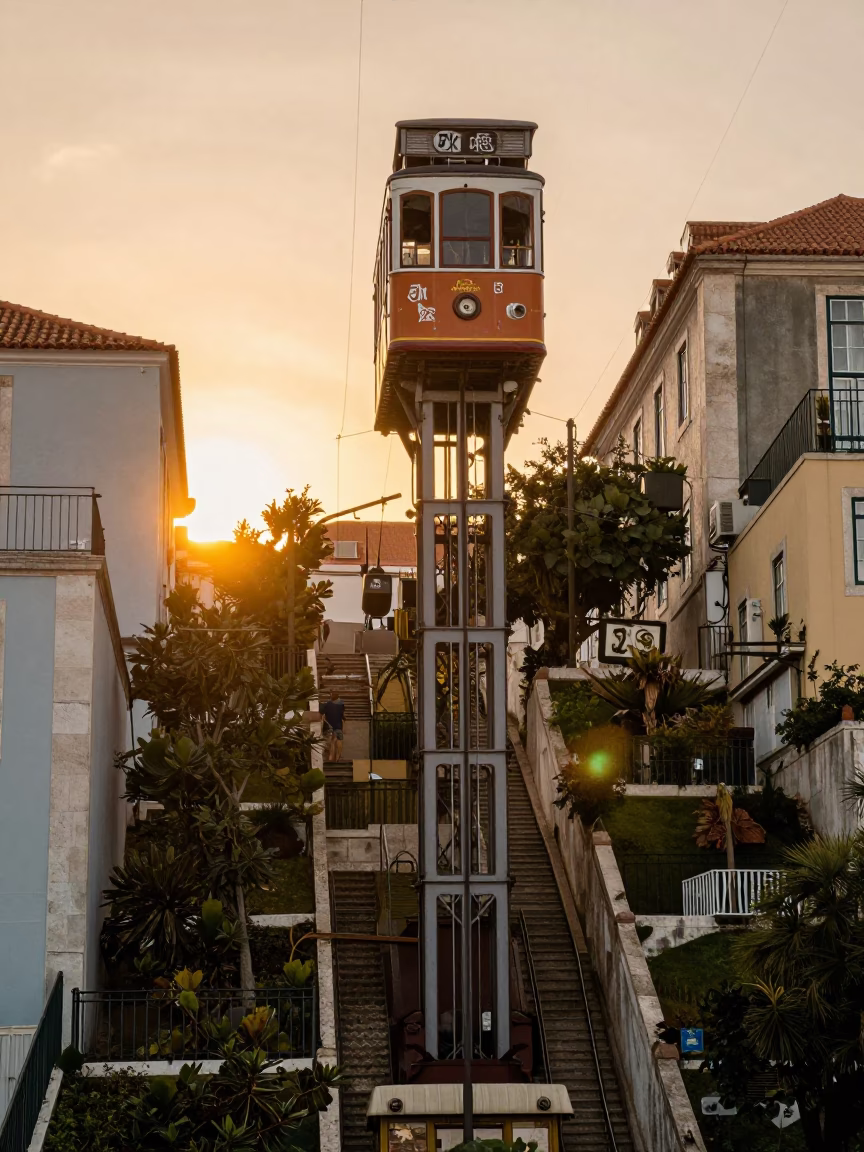 Golden Hour Funicular Rising Through Steep Terraced Gardens in Lisbon Portugal in in Lisbon, Portugal