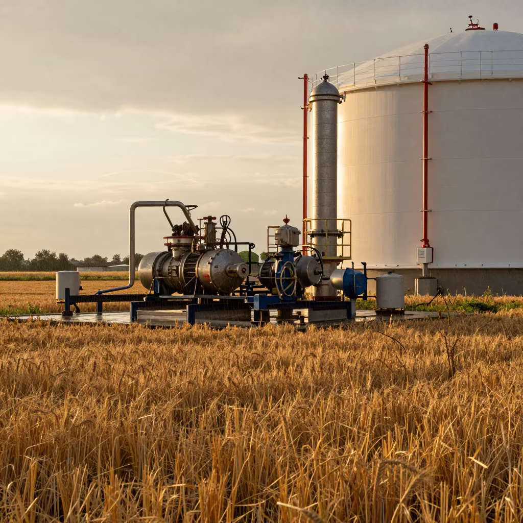 Golden Hour Gas Compressor in Ljubljana Wheat Field in across a harvested grain field near Ljubljana
