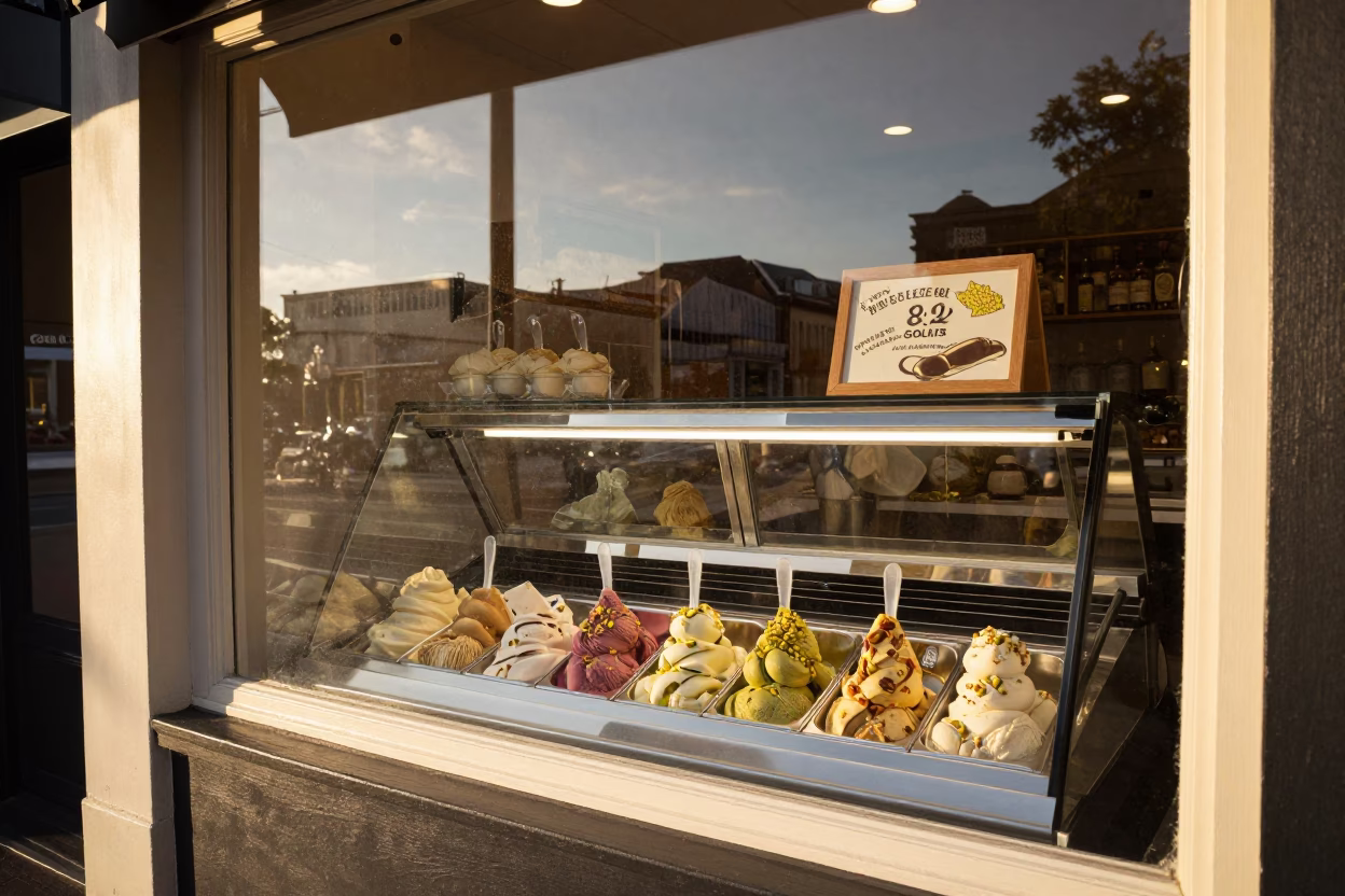 Golden Hour Gelato Display in Adelaide Shop Window with Street Reflections in in Adelaide, South Australia, Australia