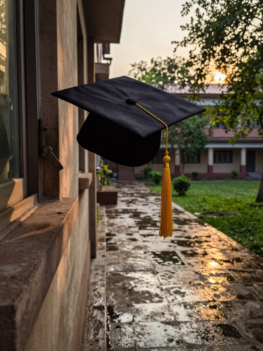 Golden Hour Graduation Tassel Dorm Window in across a rain-washed campus courtyard near Sukkur