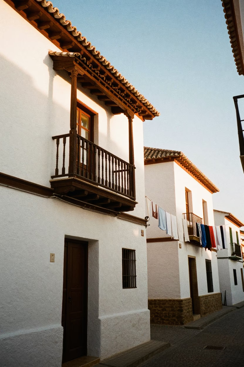 Golden Hour Granada Spain Laundry Line Between Traditional White Houses in in Granada, Spain