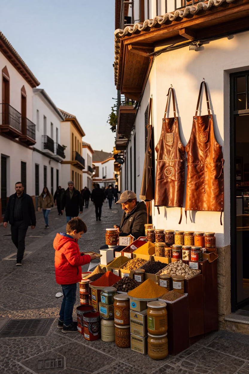 Golden Hour Granada Street Scene with Spices and Local Culture in in Granada, Spain