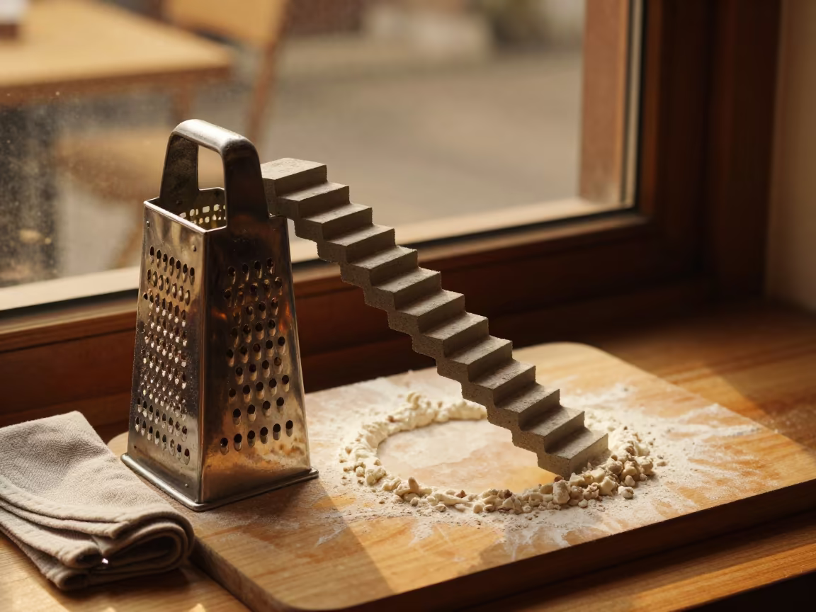Golden Hour Grater Staircase Surreal Cafe in on a cafe table by a window in Changsha