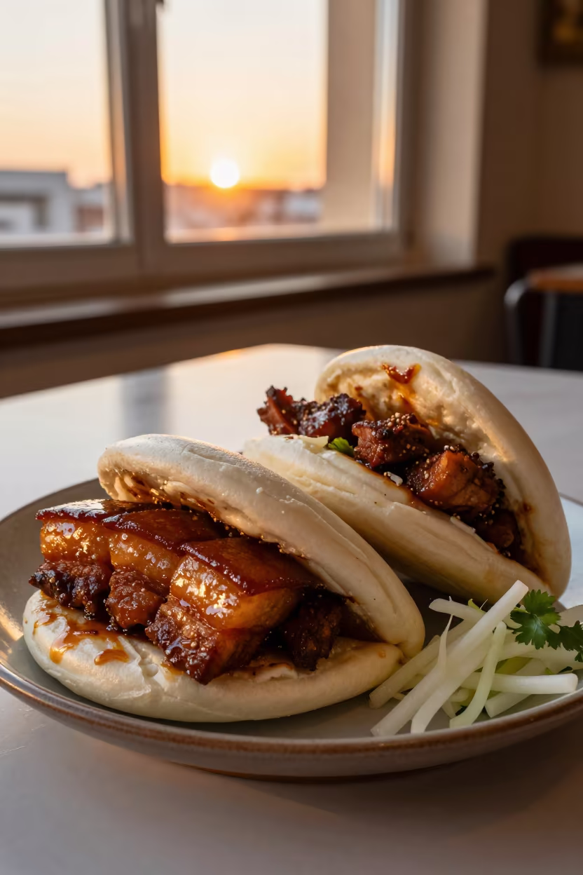 Golden Hour Gua Bao with Braised Pork Belly Kuwait in on a ceramic plate by a window in Kuwait City