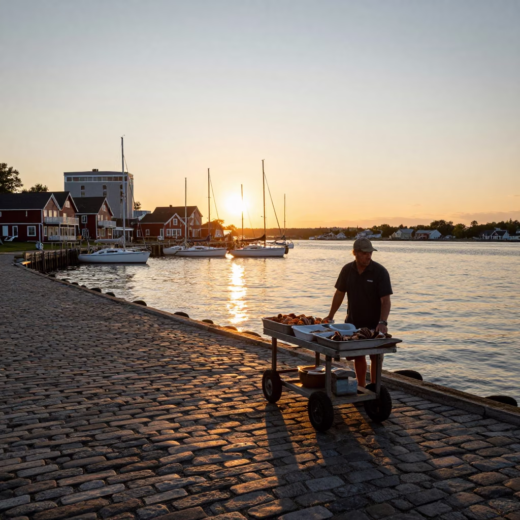 Golden Hour Halifax Waterfront Rolling Carts and Sailboats at Sunset in in Halifax, Nova Scotia, Canada