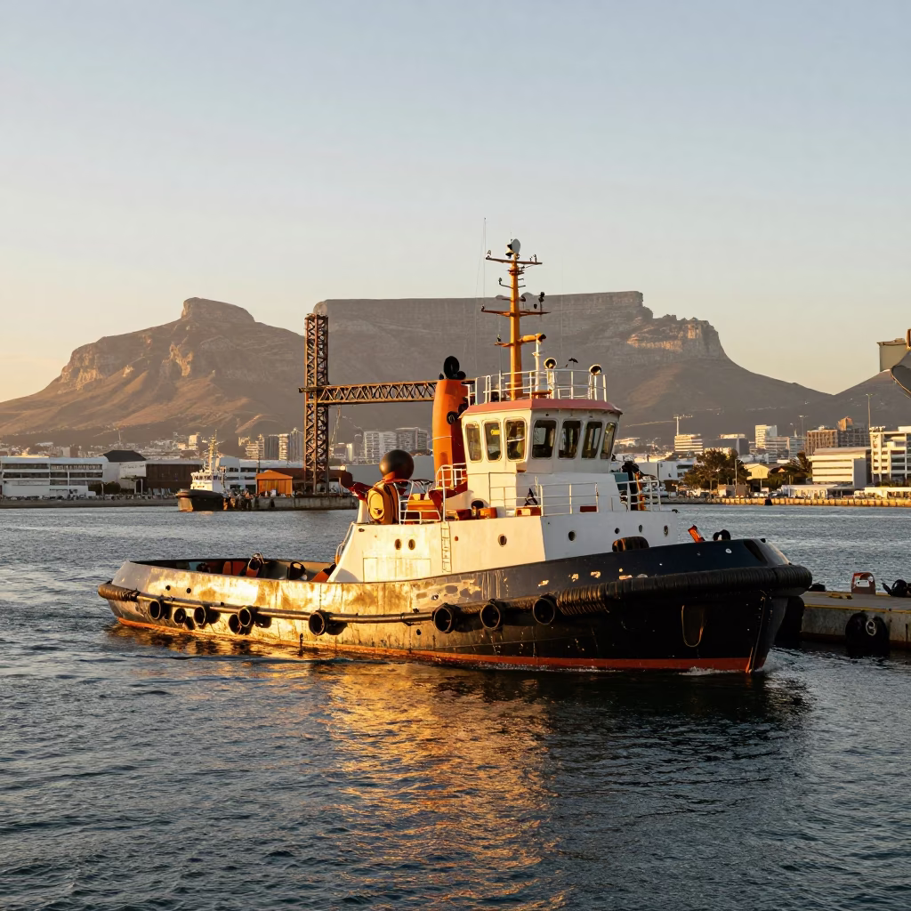 Golden Hour Harbor Scene Cape Town South Africa Tugboat and Welding Sparks Bridge Construction in in Cape Town, South Africa