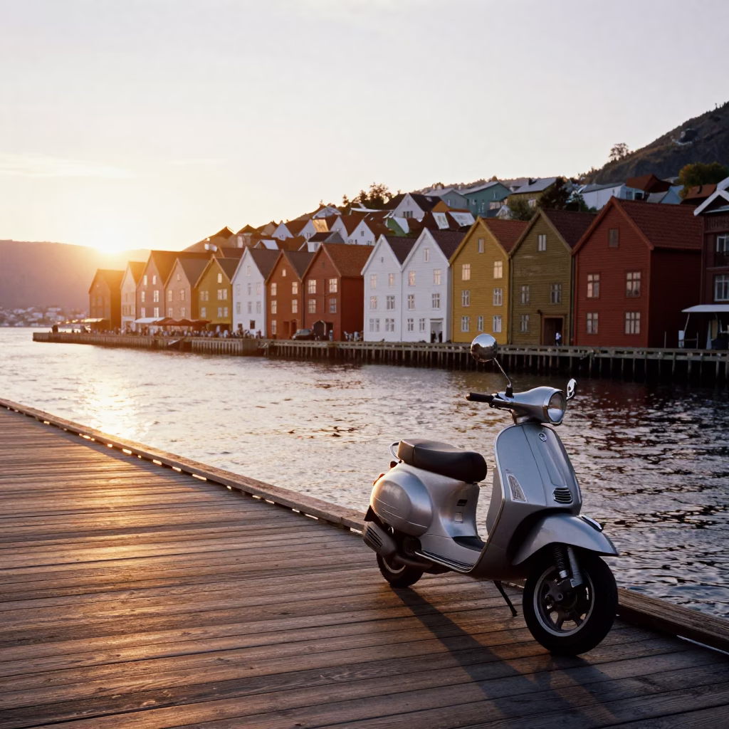 Golden Hour Harbor Scene in Bergen Norway with Parked Scooter and Colorful Wharf Houses in in Bergen, Norway