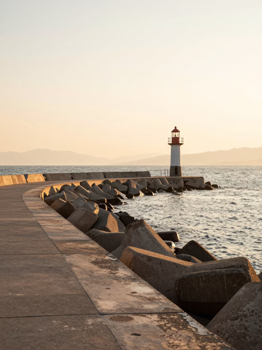 Golden Hour Harbor View in Izmir Turkey with Breakwater Curve and Beacon in in Izmir, Turkey