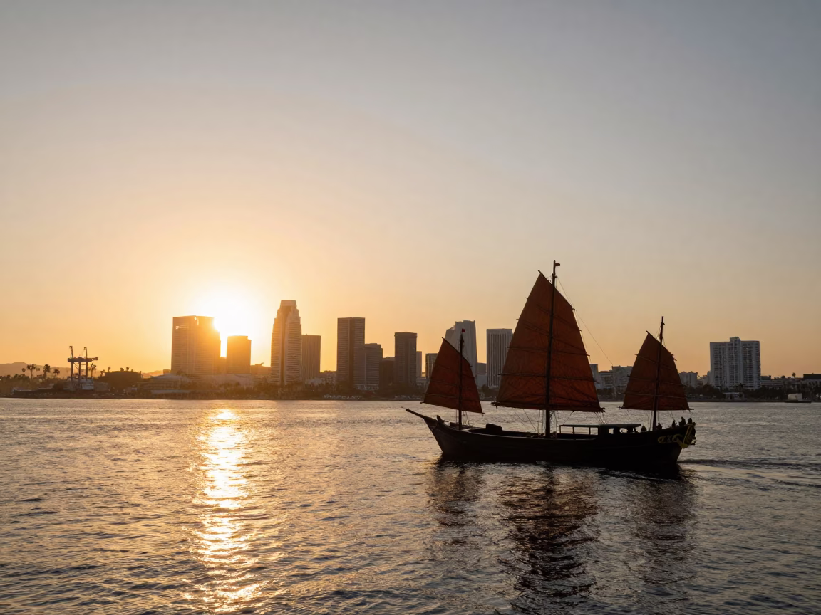 Golden Hour Harbor View with Chinese Junk Sails in San Diego Bay in in San Diego, California, United States