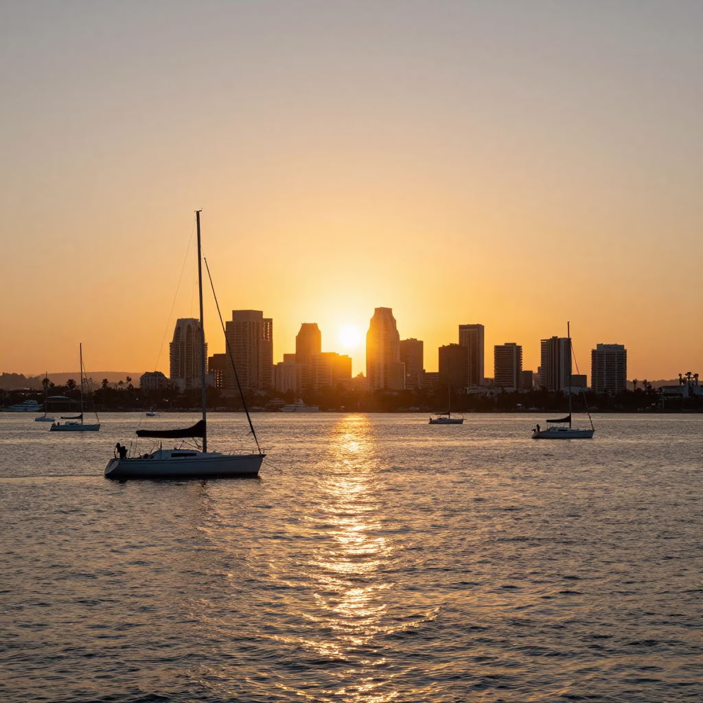 Golden Hour Harbor View with Sailboats and San Diego Skyline at Sunset in in San Diego, California, United States