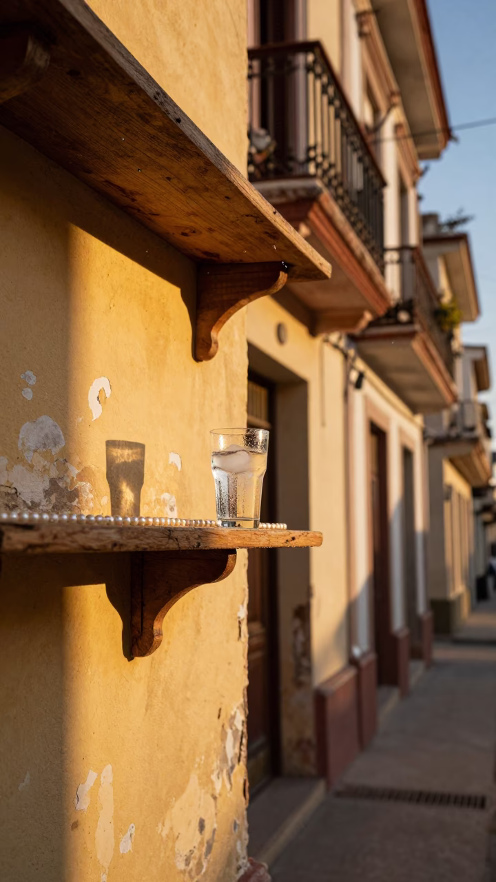 Golden Hour Havana Street Scene with Condensation on Shelf and Pearl Necklaces in in Havana, Cuba