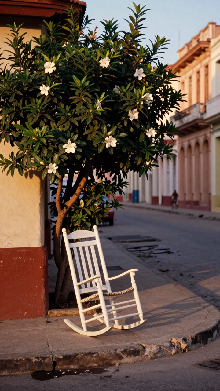 Golden Hour Havana Street Scene with Gardenia Bush and Rocking Chair in in Havana, Cuba