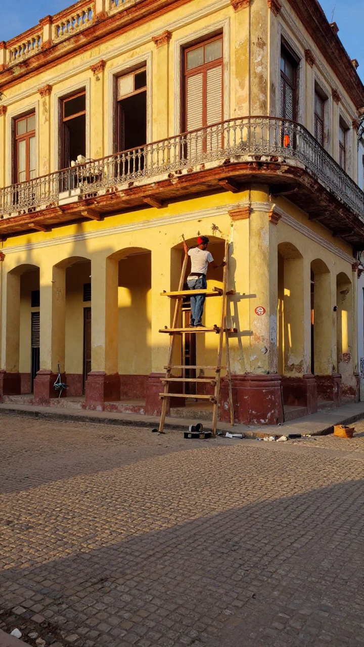 Golden Hour Havana Street Scene with Paint Flecks and Mason Tools in in Havana, Cuba