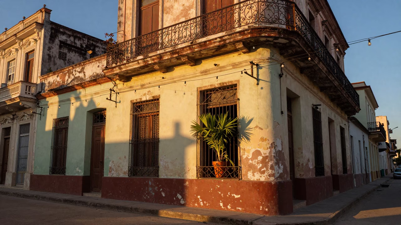 Golden Hour Havana Street Scene with String Lights and Houseplants in Colorful Balcony in in Havana, Cuba