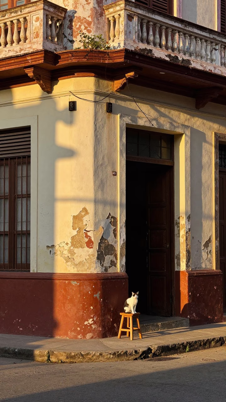 Golden Hour Havana Street Scene with Toybob Cat and Wooden Stool in in Havana, Cuba