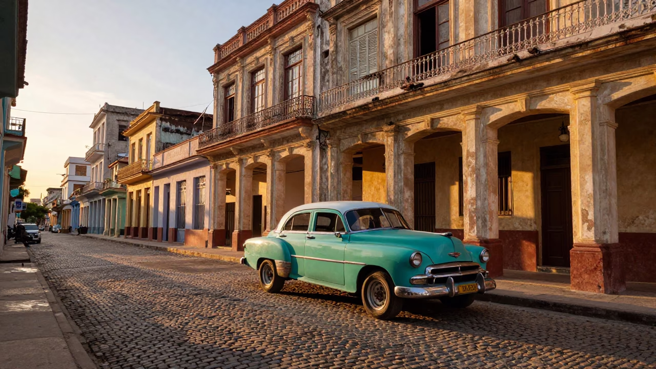 Golden Hour Havana Street Scene with Vintage Car and Colonial Balconies in in Havana, Cuba