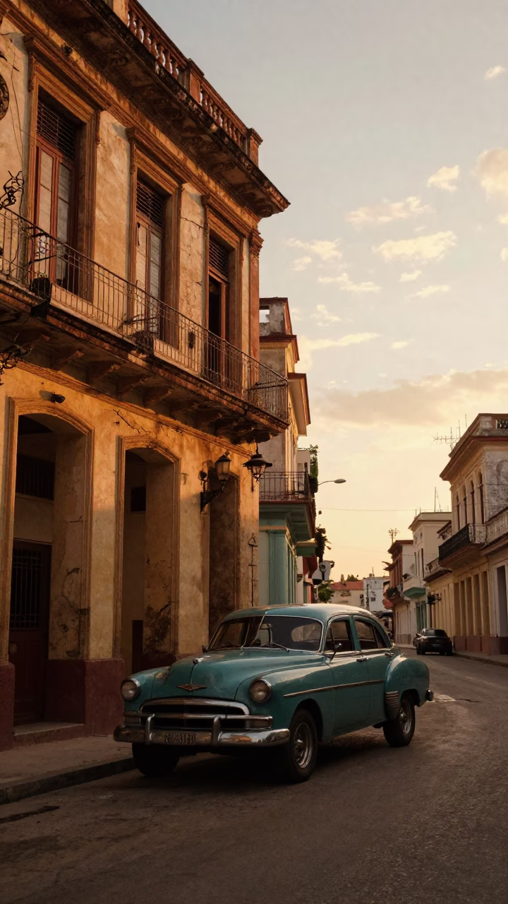 Golden Hour Havana Street Scene with Vintage Car and Local Life in in Havana, Cuba