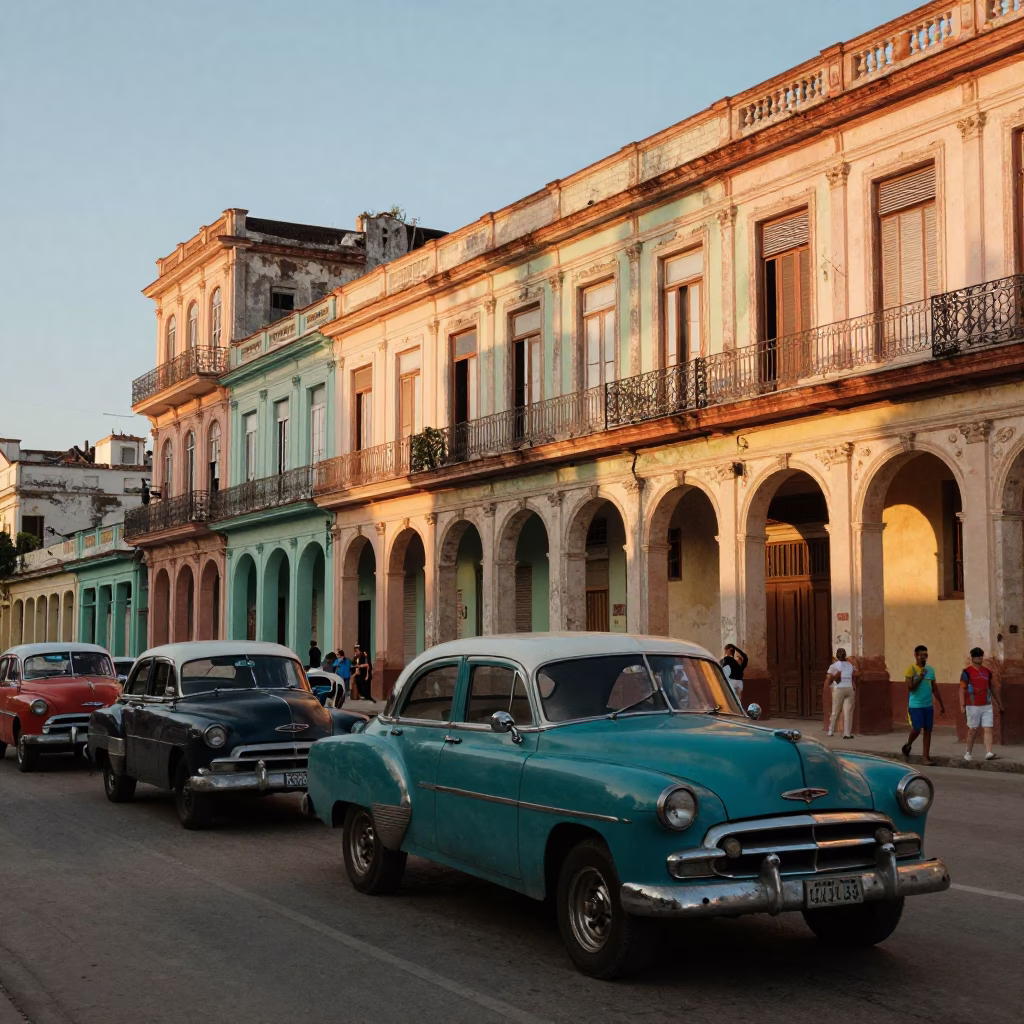 Golden Hour Havana Street Scene with Vintage Cars and Local Life in in Havana, Cuba