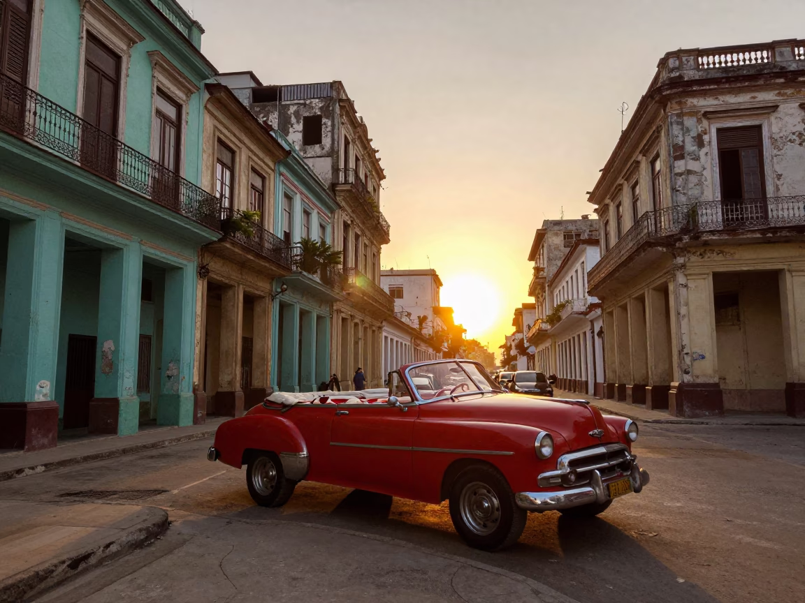 Golden Hour Havana Street Scene with Vintage Red Classic Car and Local Interaction in in Havana, Cuba