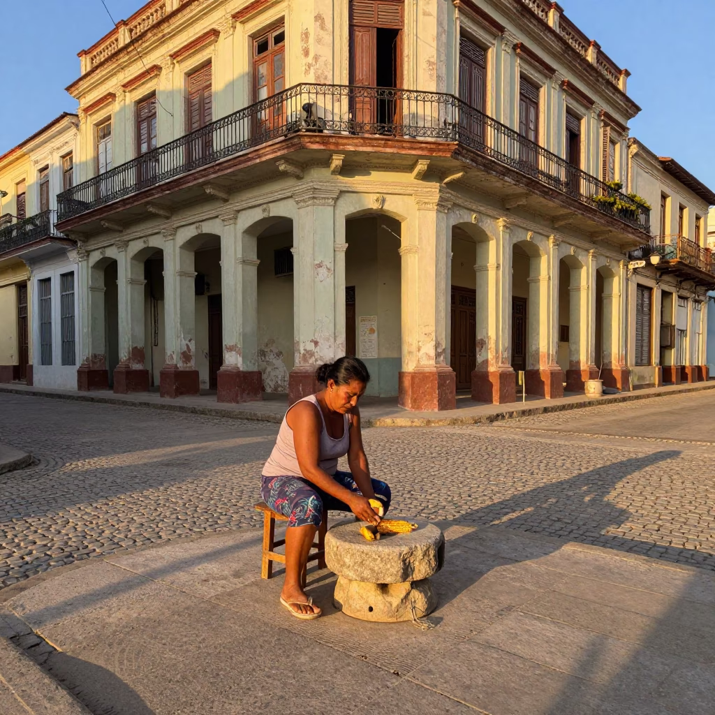 Golden Hour Havana Street Scene with Woman Grinding Corn on Stone Metate in in Havana, Cuba