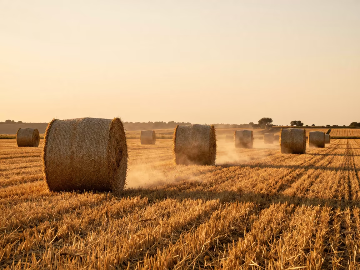 Golden Hour Hay Bales Catalonia Field in across a harvested grain field in Catalonia