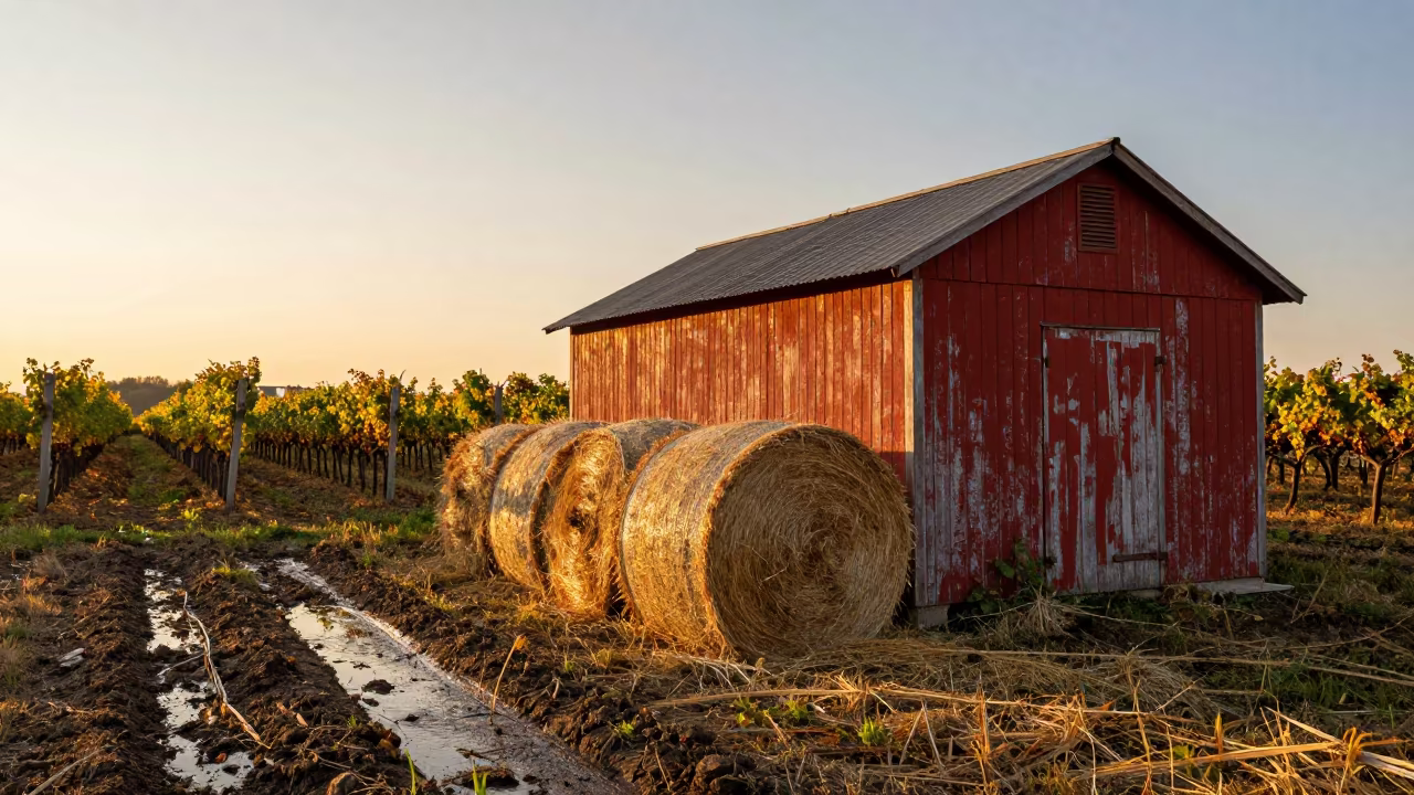 Golden Hour Hay Bales Near Chișinău Vineyards in between vineyard trellises near Chișinău
