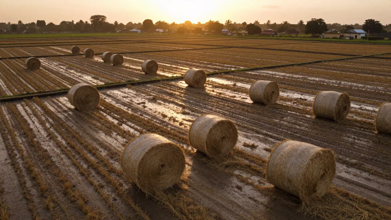 Golden Hour Hay Bales on Terraced Lagos Fields in among terraced rice paddies in Yaba, Lagos