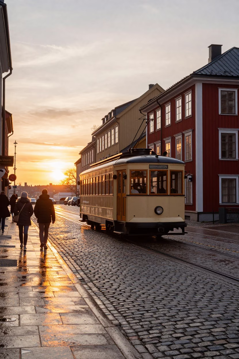 Golden Hour Heritage Tram on Cobblestone Street in Stockholm Sweden in in Stockholm, Sweden